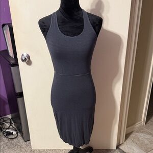 Athleta Black and Gray Striped Midi Dress